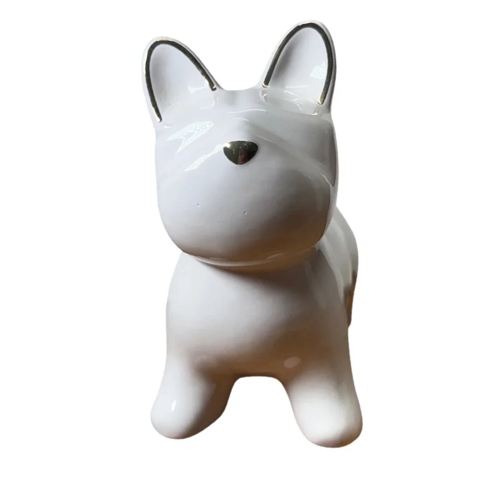 White Ceramic French Bulldog Figurine Gold Accents Minimalist Dog Statue Decor